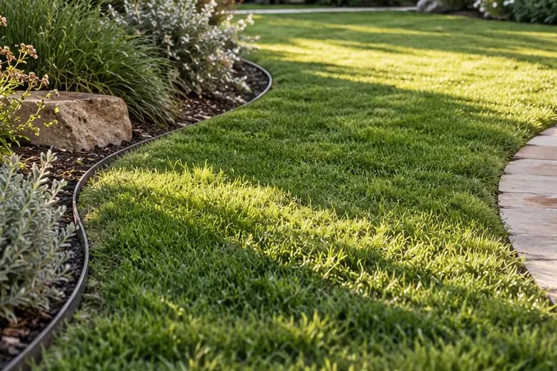 A healthy lawn meeting a planted bed along a curved steel edge.