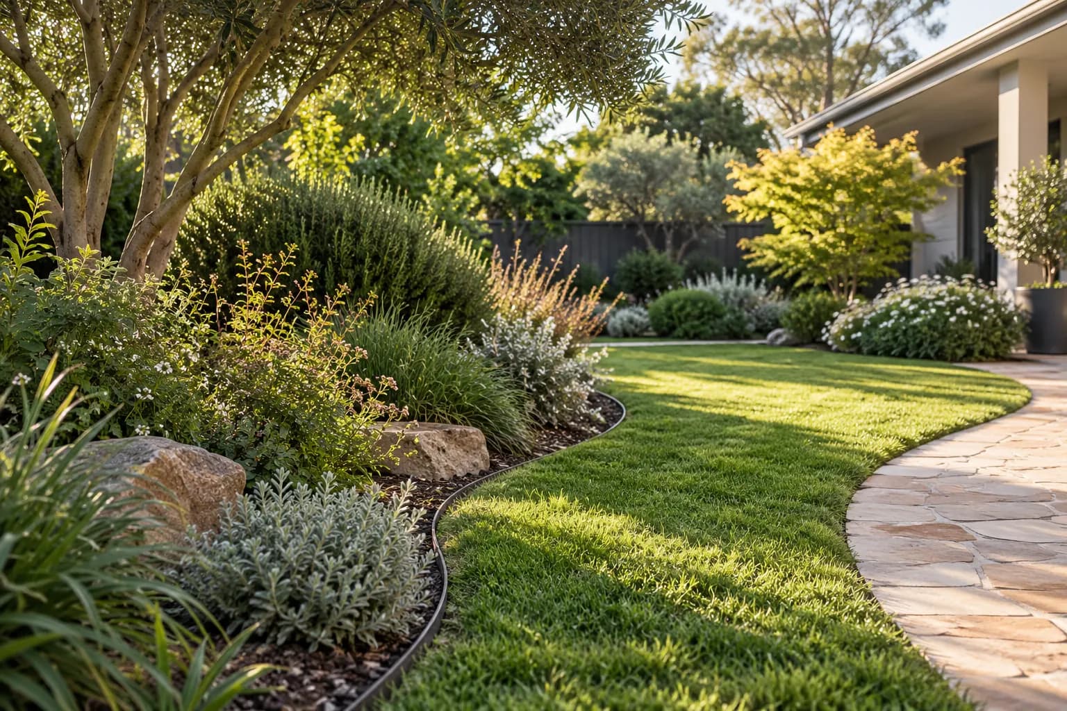 A green lawn curving between planted garden beds and a stone path in soft morning light.