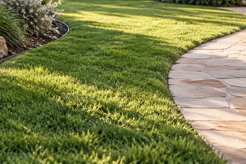Close view of an evenly mown green lawn in low sunlight.
